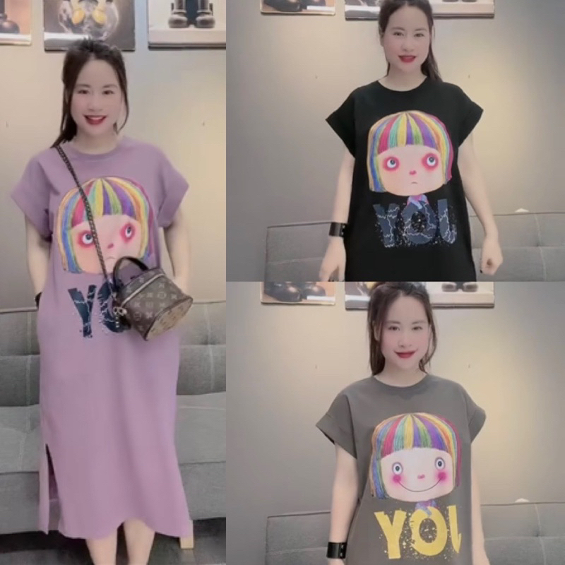 Đầm suông cotton, váy thun dáng dài in cô gái JOY form rộng thời trang nhiều màu