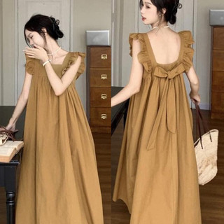 Đầm suông cánh tiên, váy cổ vuông dáng dài chất thô nến form rộng thời trang