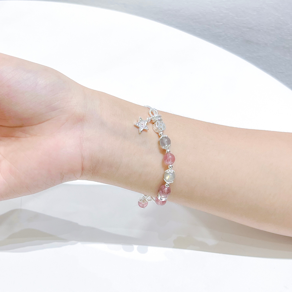 Lắc tay vòng tay bạc năng lượng thạch anh dâu mix đá mặt trăng dành cho nữ thu hút may mắn, tình duyên KC06