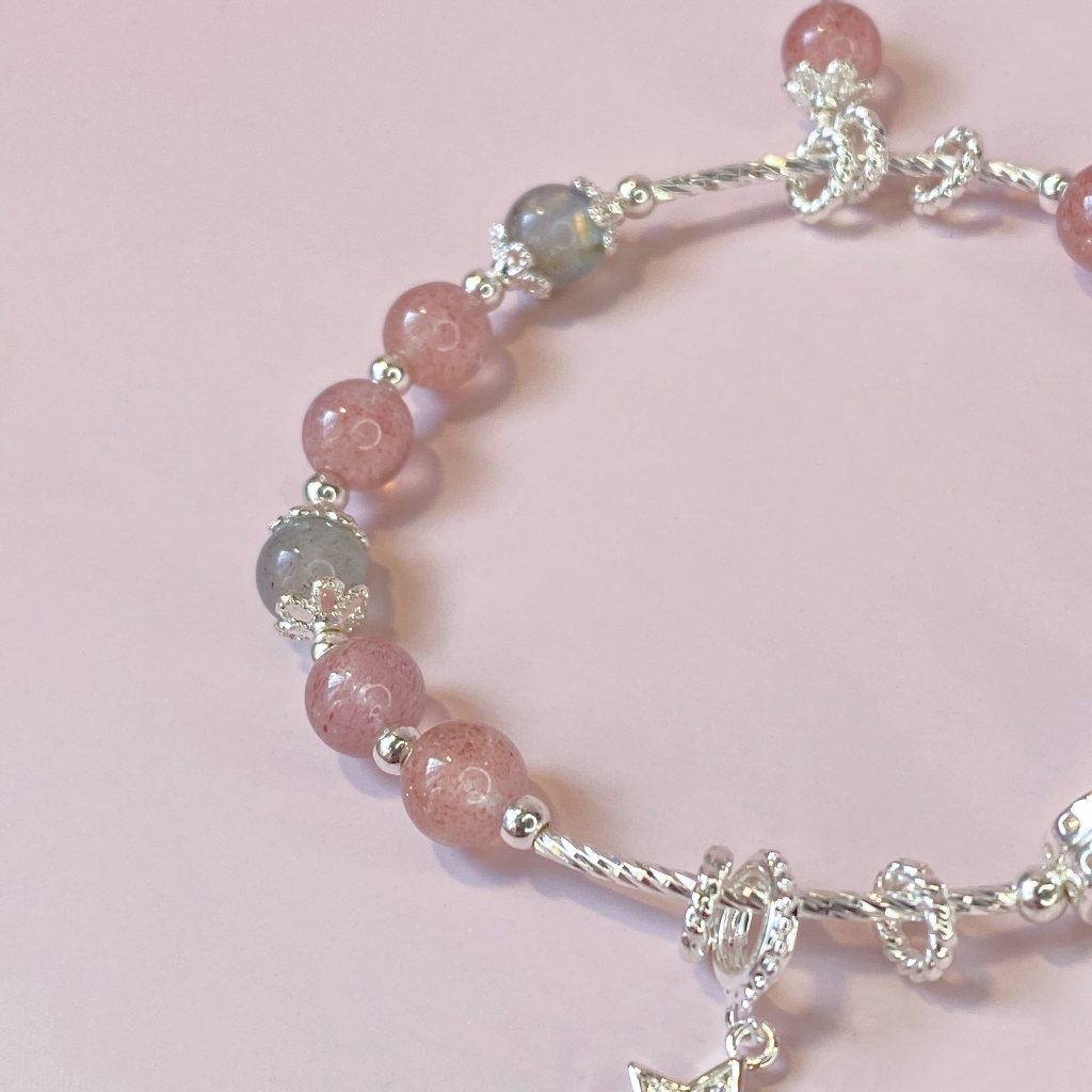 Lắc tay vòng tay bạc năng lượng thạch anh dâu mix đá mặt trăng dành cho nữ thu hút may mắn, tình duyên KC06