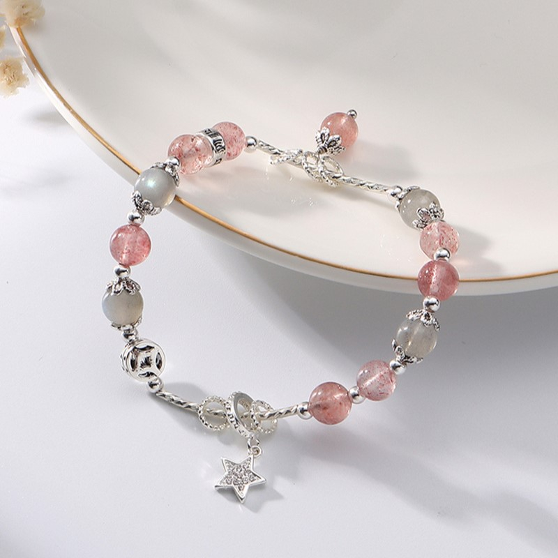 Lắc tay vòng tay bạc năng lượng thạch anh dâu mix đá mặt trăng dành cho nữ thu hút may mắn, tình duyên KC06