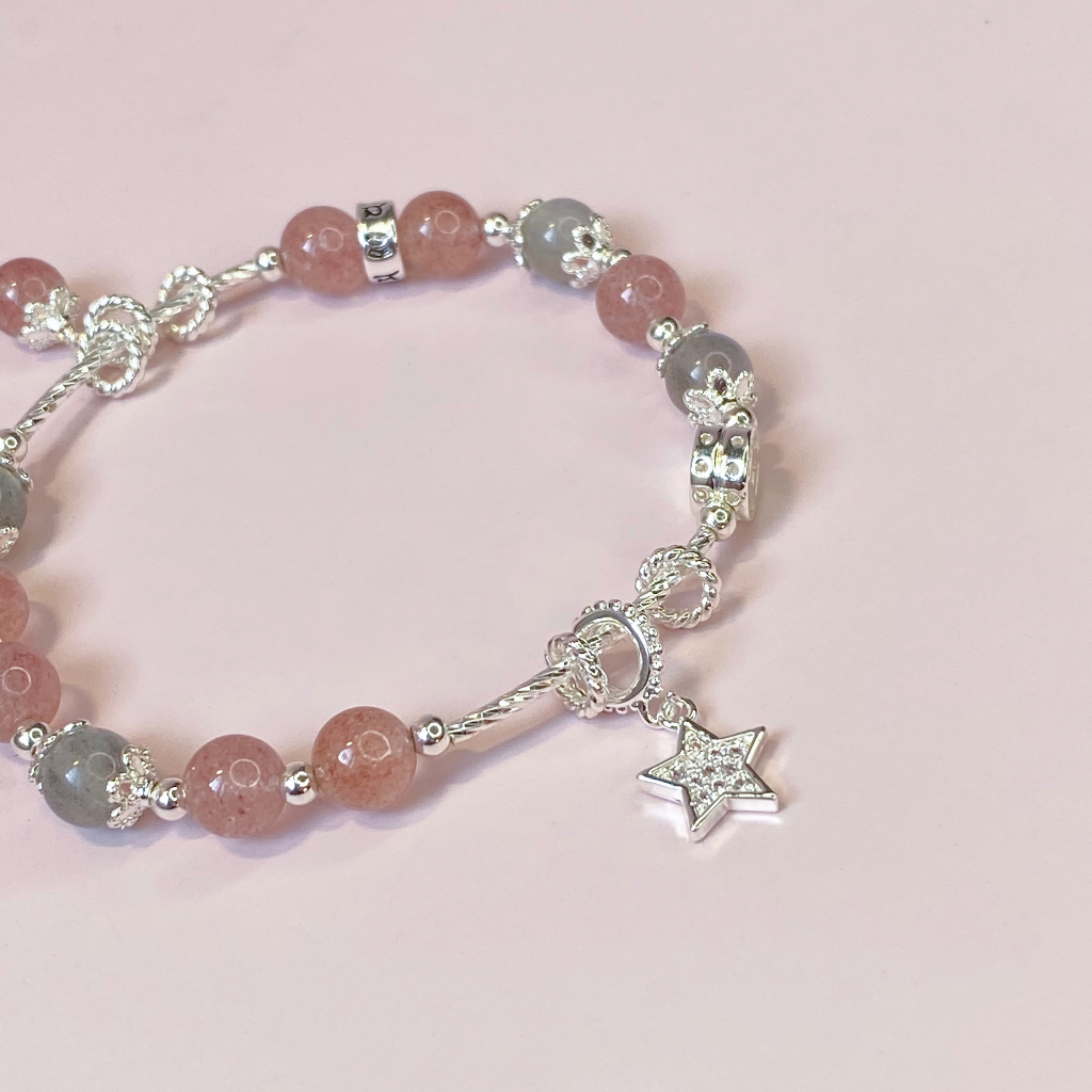 Lắc tay vòng tay bạc năng lượng thạch anh dâu mix đá mặt trăng dành cho nữ thu hút may mắn, tình duyên KC06