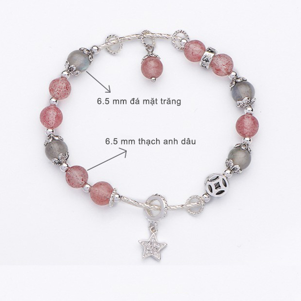 Lắc tay vòng tay bạc năng lượng thạch anh dâu mix đá mặt trăng dành cho nữ thu hút may mắn, tình duyên KC06