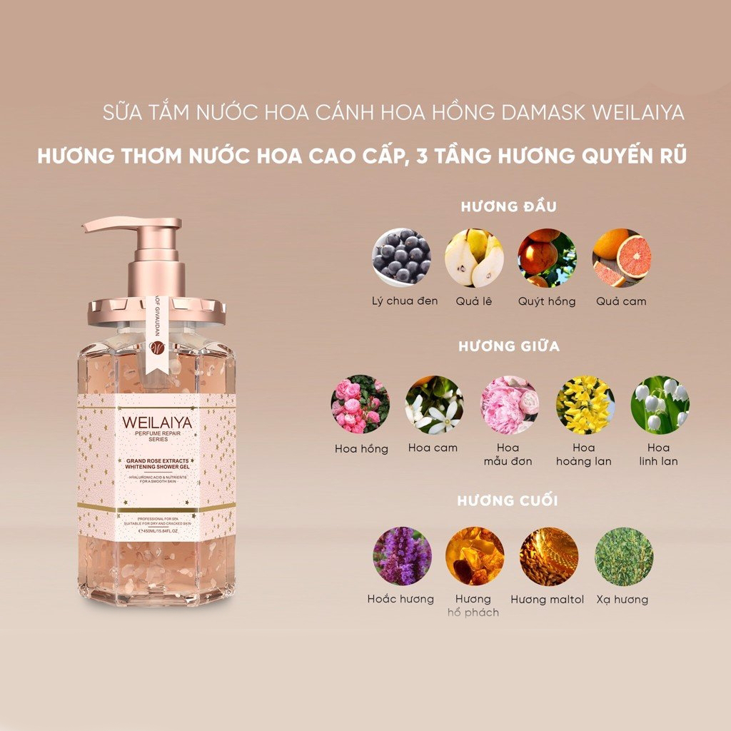 Sữa tắm trắng da DAMASK WEILAIYA, sữa tắm trắng da chiết xuất tinh chất hoa hồng, cấp ẩm.
