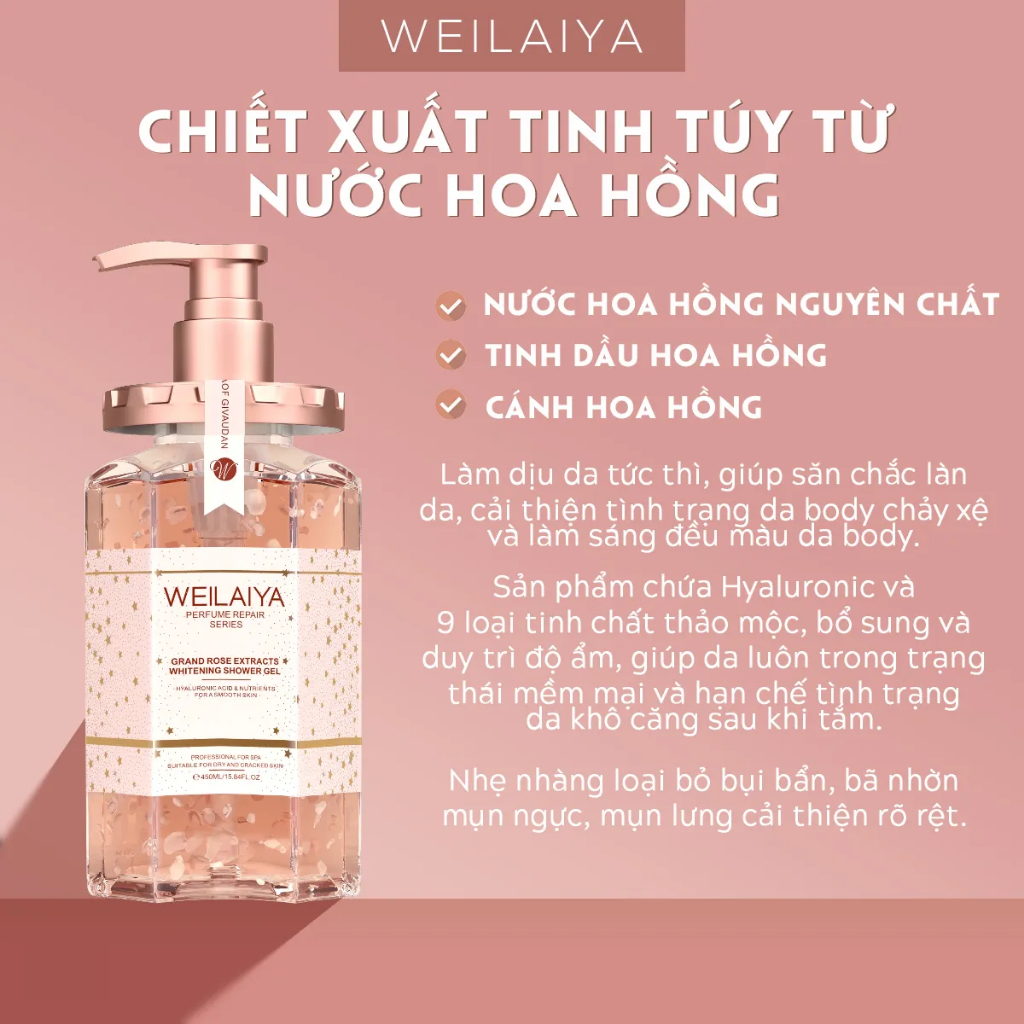 Sữa tắm trắng da DAMASK WEILAIYA, sữa tắm trắng da chiết xuất tinh chất hoa hồng, cấp ẩm.