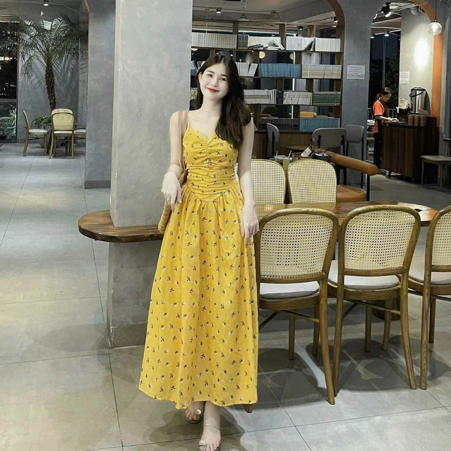 Đầm thời trang nữ dự tiệc chất voan hoa cổ dây không tay có mút nhún ngực chạy smocking thân sau có lót váy xoè maxi