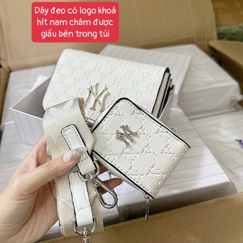 Túi NY đeo chéo nam nữ unisex túi MLB Logo Bạc hộp vuông da vân in chữ 18cm vừa điện thoại