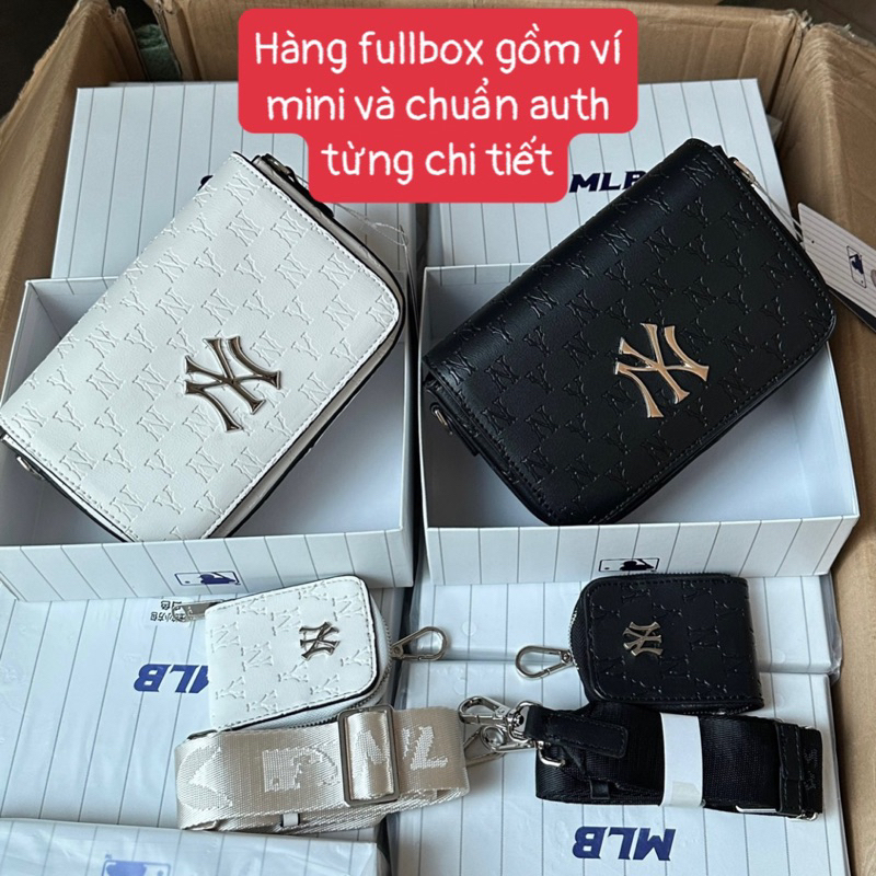 Túi NY đeo chéo nam nữ unisex túi MLB Logo Bạc hộp vuông da vân in chữ 18cm vừa điện thoại