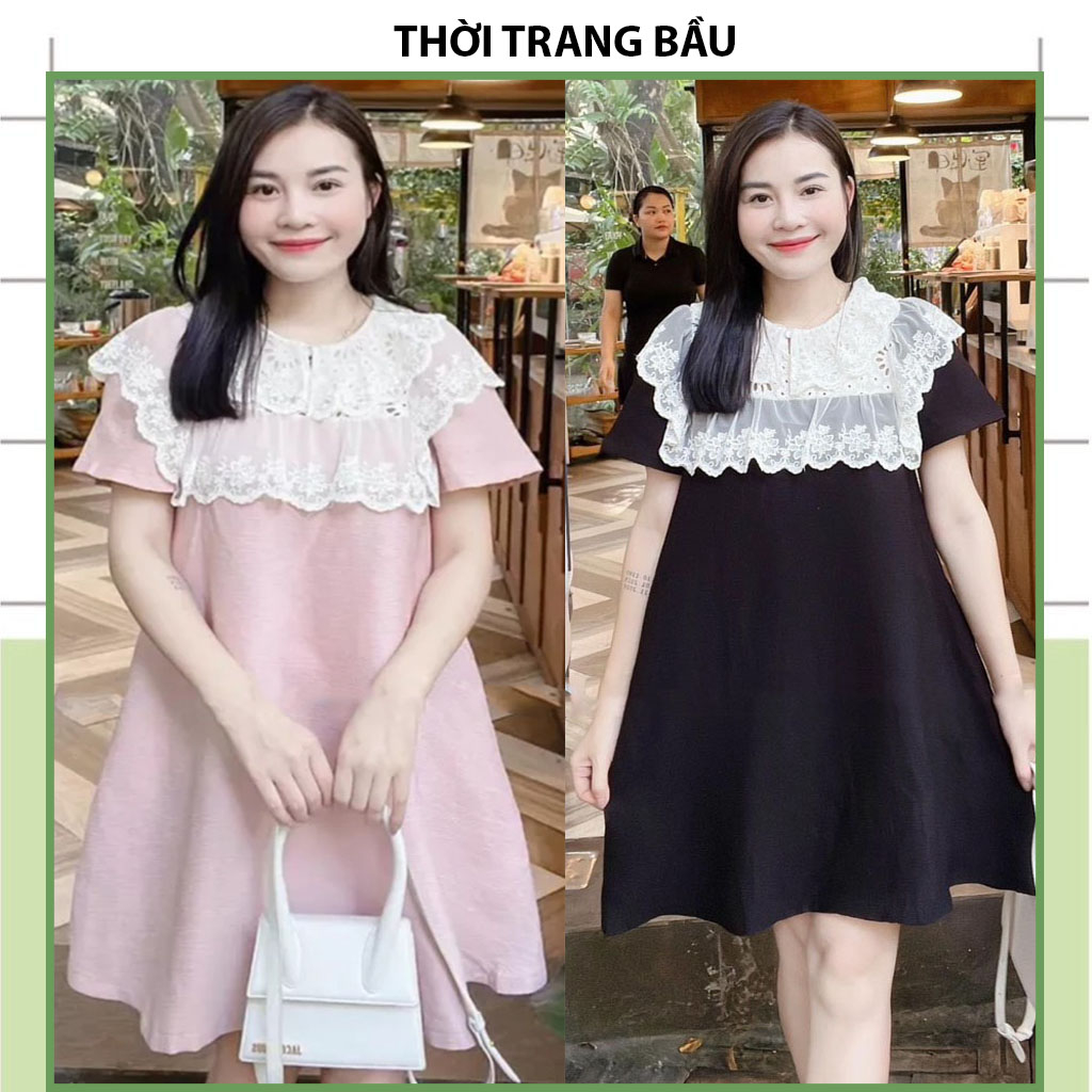 VÁY ĐẦM BẦU DỰ TIỆC CÔNG SỞ DÁNG TIỂU THƯ SANG CHẢNH-ĐẦM BẦU THIẾT KẾ BABAYDOLL DÁNG XUÔNG PHỐI CỔ REN TRẮNG BIGS