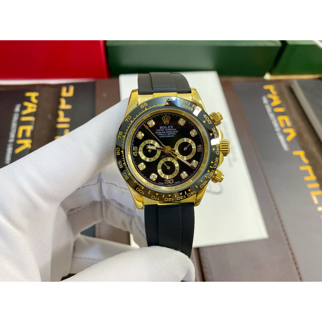 Đồng hồ Nam Rl 6kim daytona mặt đen số đá vỏ vàng gold dây cao su 40mm dòng cơ Automatic