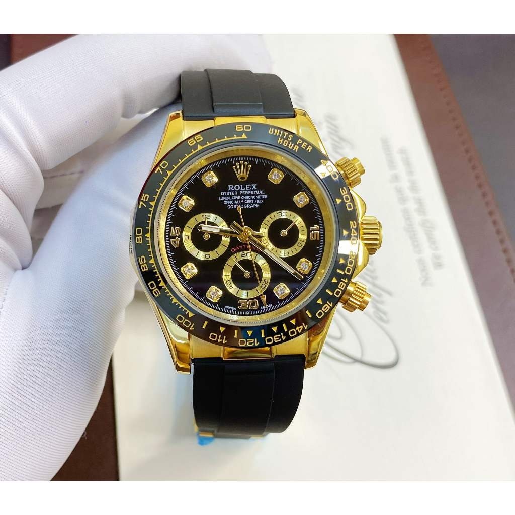 Đồng hồ Nam Rl 6kim daytona mặt đen số đá vỏ vàng gold dây cao su 40mm dòng cơ Automatic