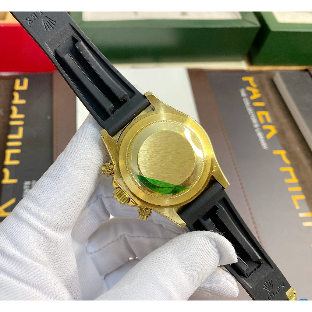 Đồng hồ Nam Rl 6kim daytona mặt đen số đá vỏ vàng gold dây cao su 40mm dòng cơ Automatic