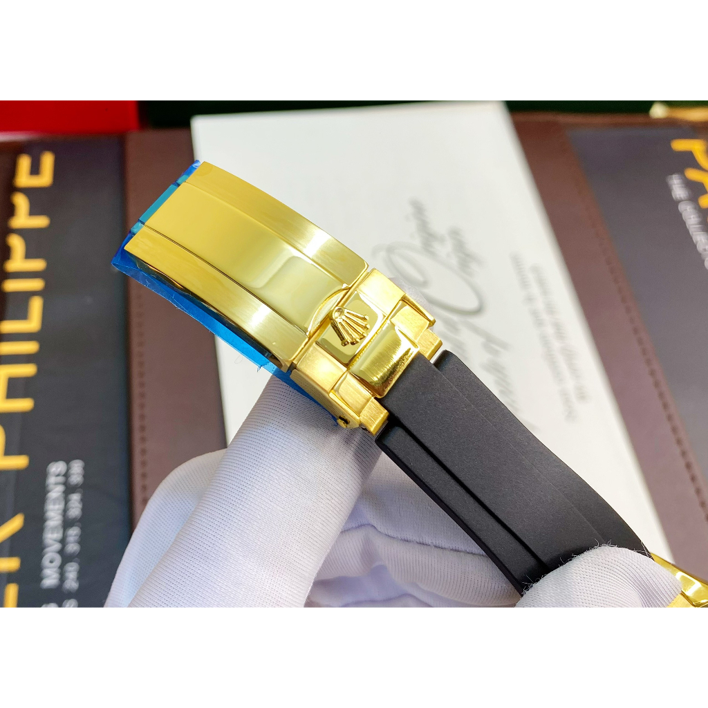 Đồng hồ Nam Rl 6kim daytona mặt đen số đá vỏ vàng gold dây cao su 40mm dòng cơ Automatic