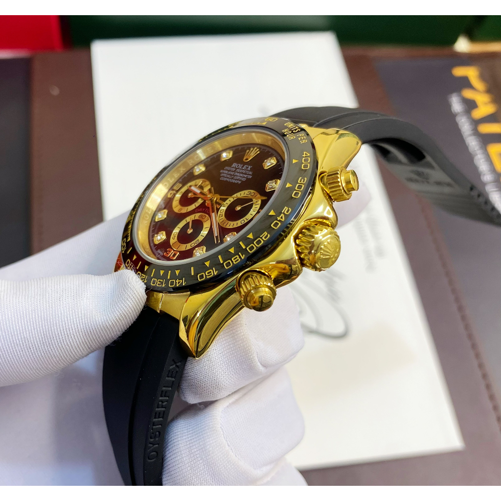 Đồng hồ Nam Rl 6kim daytona mặt đen số đá vỏ vàng gold dây cao su 40mm dòng cơ Automatic