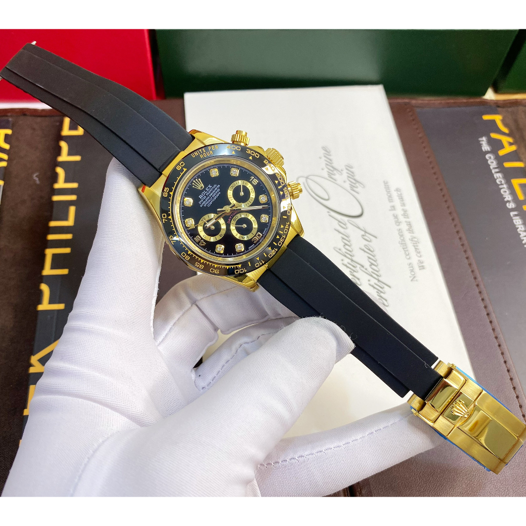 Đồng hồ Nam Rl 6kim daytona mặt đen số đá vỏ vàng gold dây cao su 40mm dòng cơ Automatic