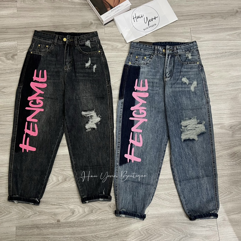 Quần baggy jeans rách pha chữ hồng quần bò mềm