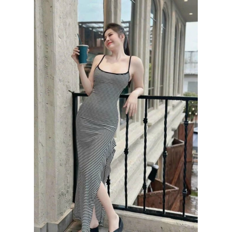 Đầm Hai Dây Cổ Vuông Viền Khoét Hở Lưng Cột Dây - Có Mút - Dài Maxi Xẻ Tà Bèo Ôm Body Sexy -Tiểu Thư Bánh Bèo Sang Chảnh