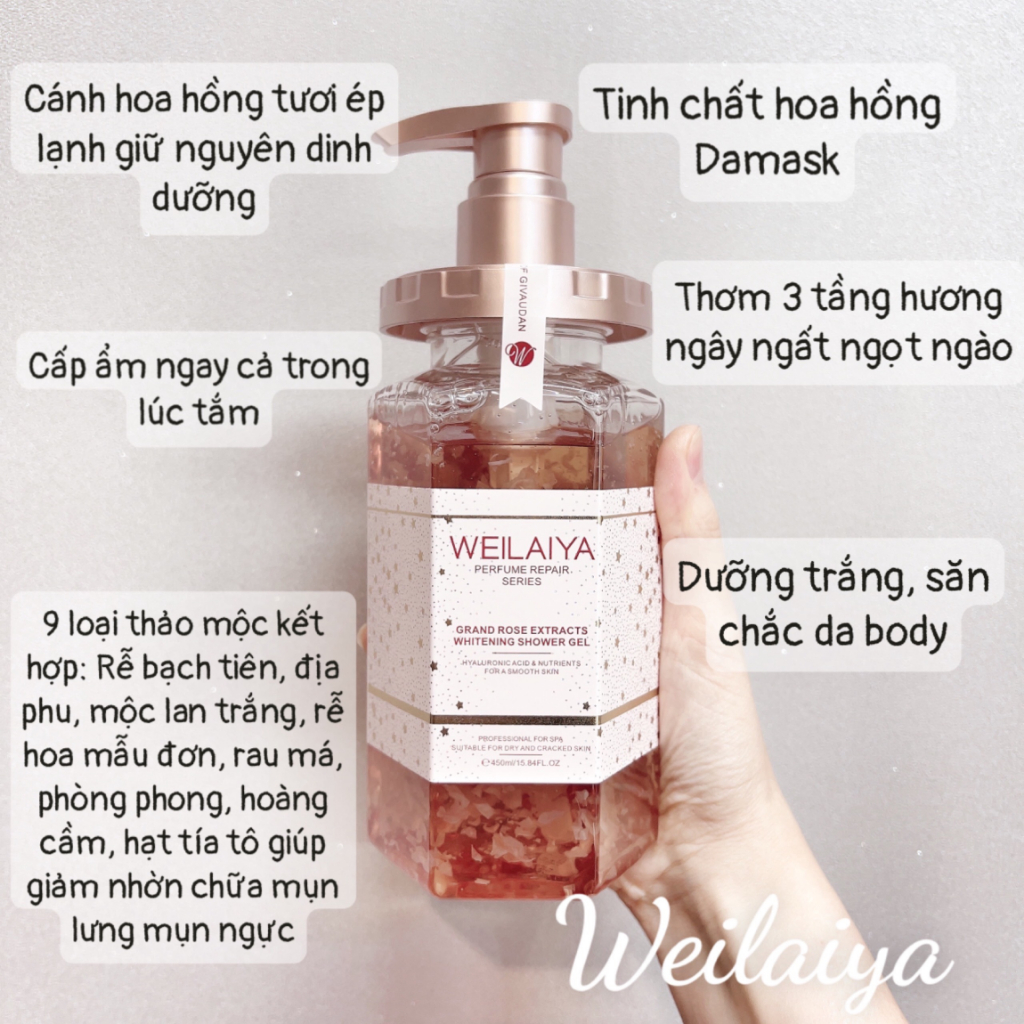 Sữa tắm trắng da DAMASK WEILAIYA, sữa tắm trắng da chiết xuất tinh chất hoa hồng, cấp ẩm.