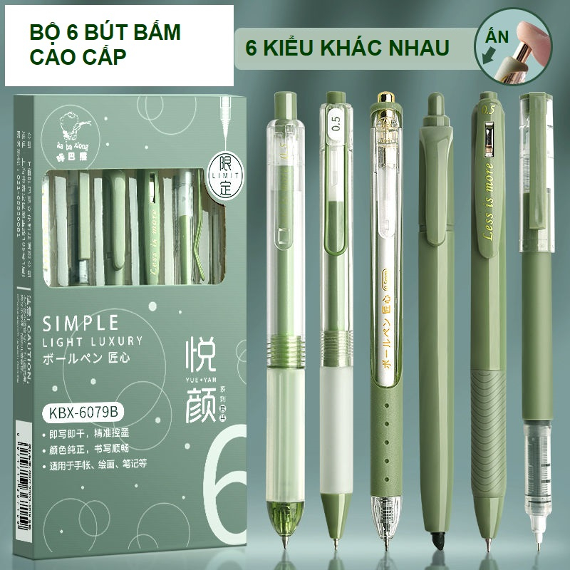 Set 6 Bút Bi Kabaxiong Mực Đen nhiều kiểu dáng ngòi 0.5mm Sang Trọng Phong cách Nhật Bản