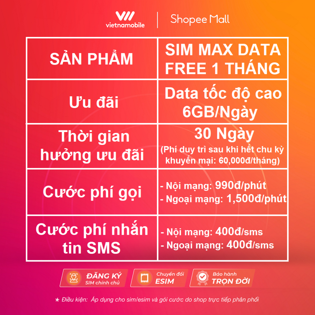 Sim Data 4G Vietnamobile 6GB/Ngày - 180GB/Tháng, Miễn Phí Gói 1 Tháng. Hàng Độc Quyền VIETNAMOBILE - SIMTHE.VN