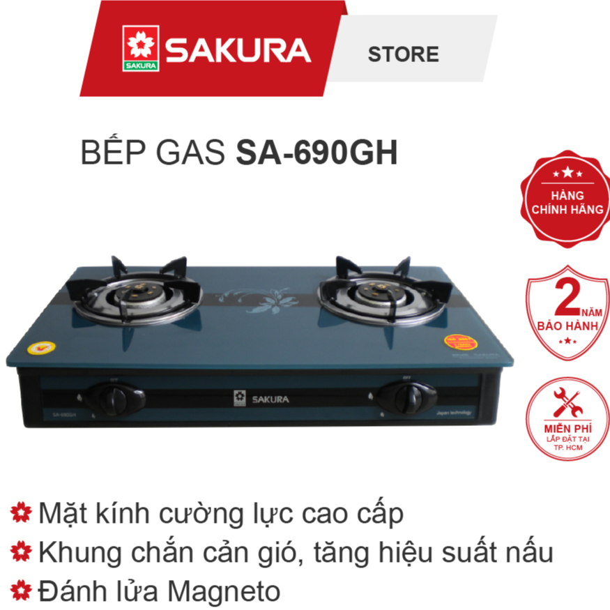 Bếp gas Đôi dương kính Sakura SA-690GH-Đầu đốt bằng đồng.Đánh lửa Magneto,tiết kiệm gas-Bảo Hành 12 Tháng