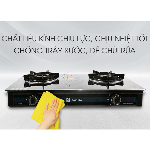Bếp gas Đôi dương kính Sakura SA-690GH-Đầu đốt bằng đồng.Đánh lửa Magneto,tiết kiệm gas-Bảo Hành 12 Tháng