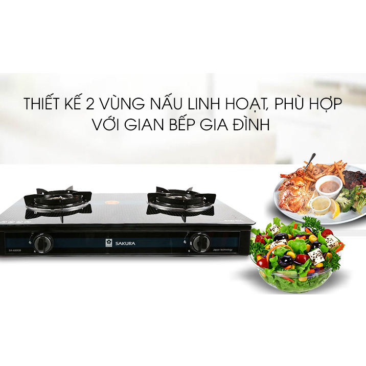 Bếp gas Đôi dương kính Sakura SA-690GH-Đầu đốt bằng đồng.Đánh lửa Magneto,tiết kiệm gas-Bảo Hành 12 Tháng