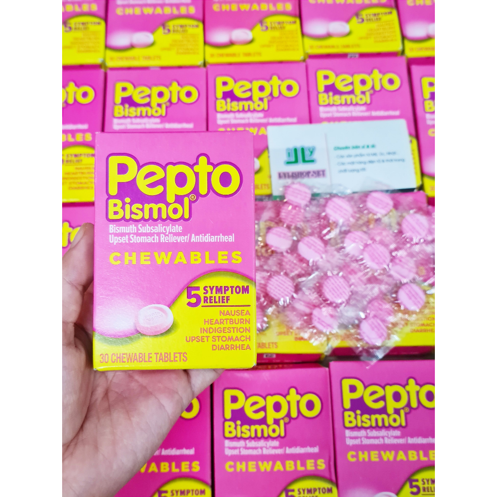 Date 1/25  - Pepto bismol chewables hộp 30 viên từ mỹ - Giảm ợ hơi và đau dạ dày viên ngậm nhai