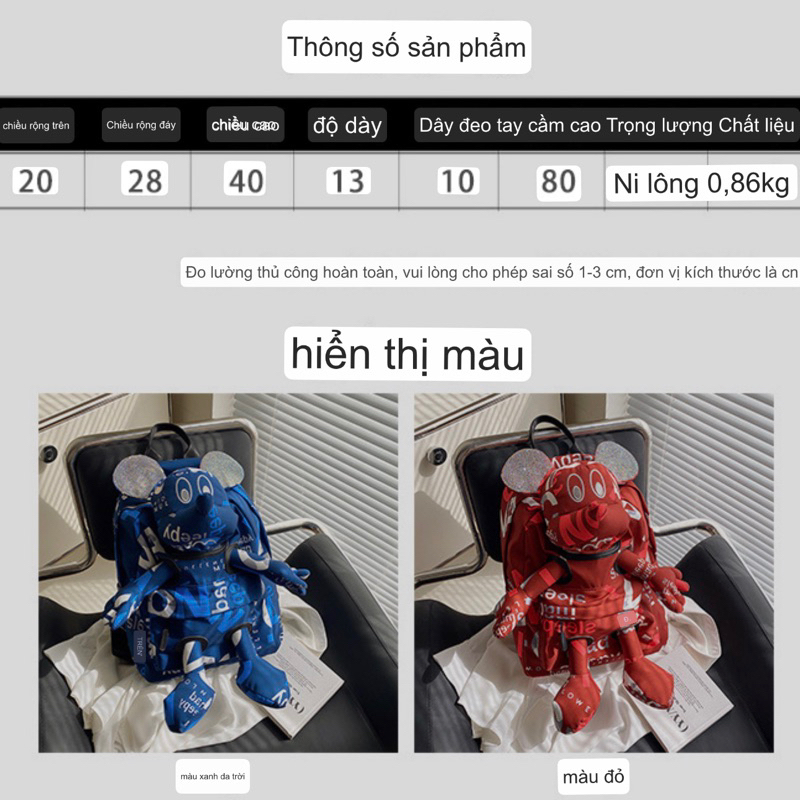 Balo Unisex Gấu Chữ Đính Đá Tai Hàng Cao Cấp
