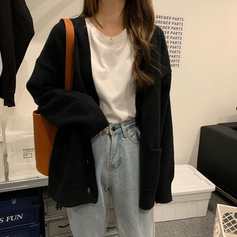 Áo khoác cardigan len dệt kim dáng rộng áo len trơn ulzzang hai màu mitclothing