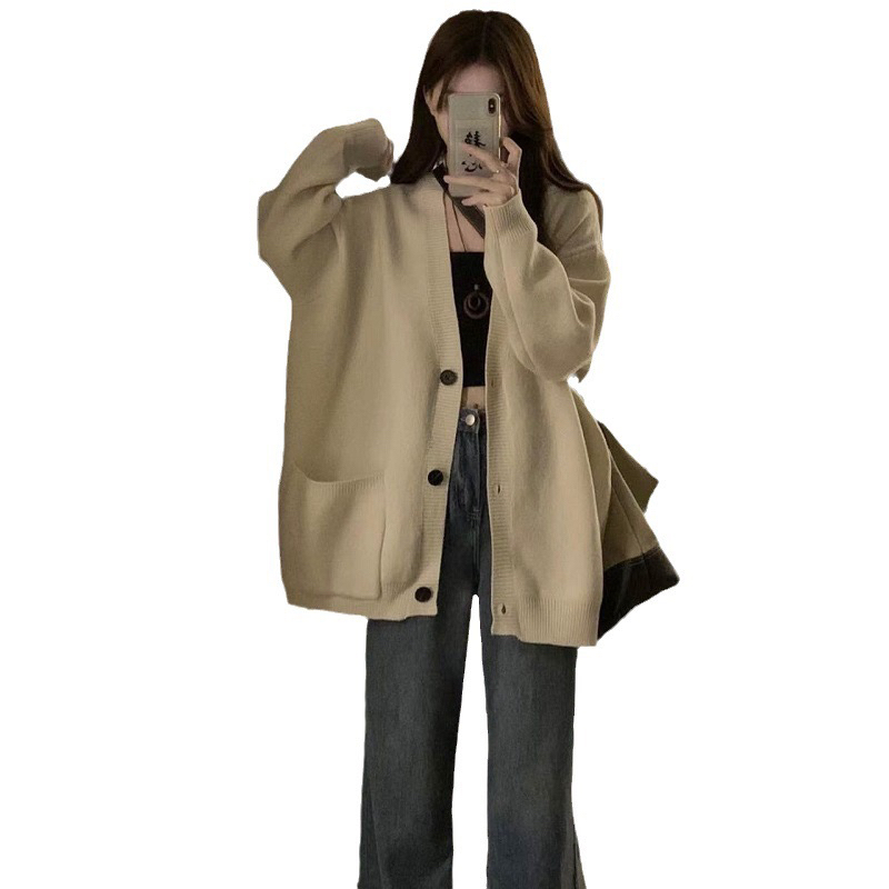 Áo khoác cardigan len dệt kim dáng rộng áo len trơn ulzzang hai màu mitclothing