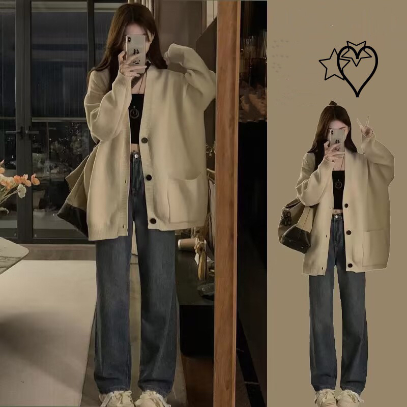 Áo khoác cardigan len dệt kim dáng rộng áo len trơn ulzzang hai màu mitclothing