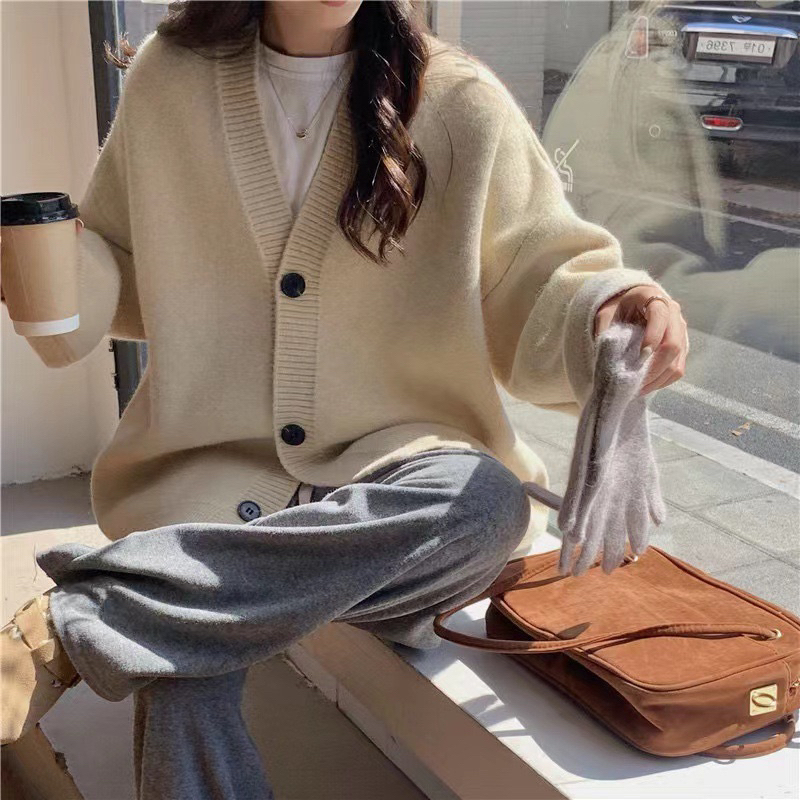 Áo khoác cardigan len dệt kim dáng rộng áo len trơn ulzzang hai màu mitclothing