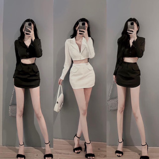 Set vest áo tay dài croptop chân váy ôm nắp túi