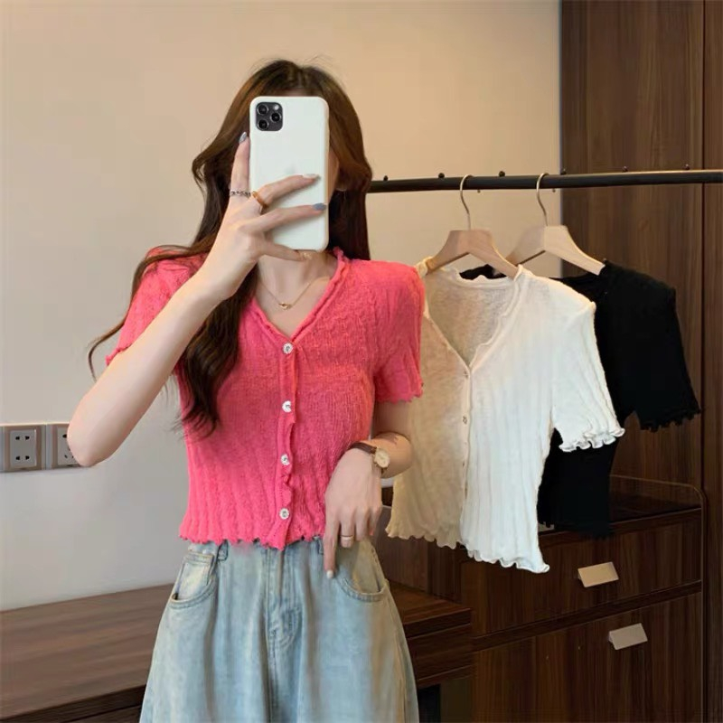 Áo len nữ dáng ôm viền bèo xinh, áo len dệt kim