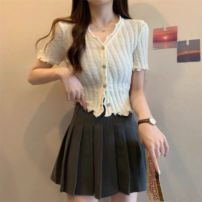 Áo len nữ dáng ôm viền bèo xinh, áo len dệt kim