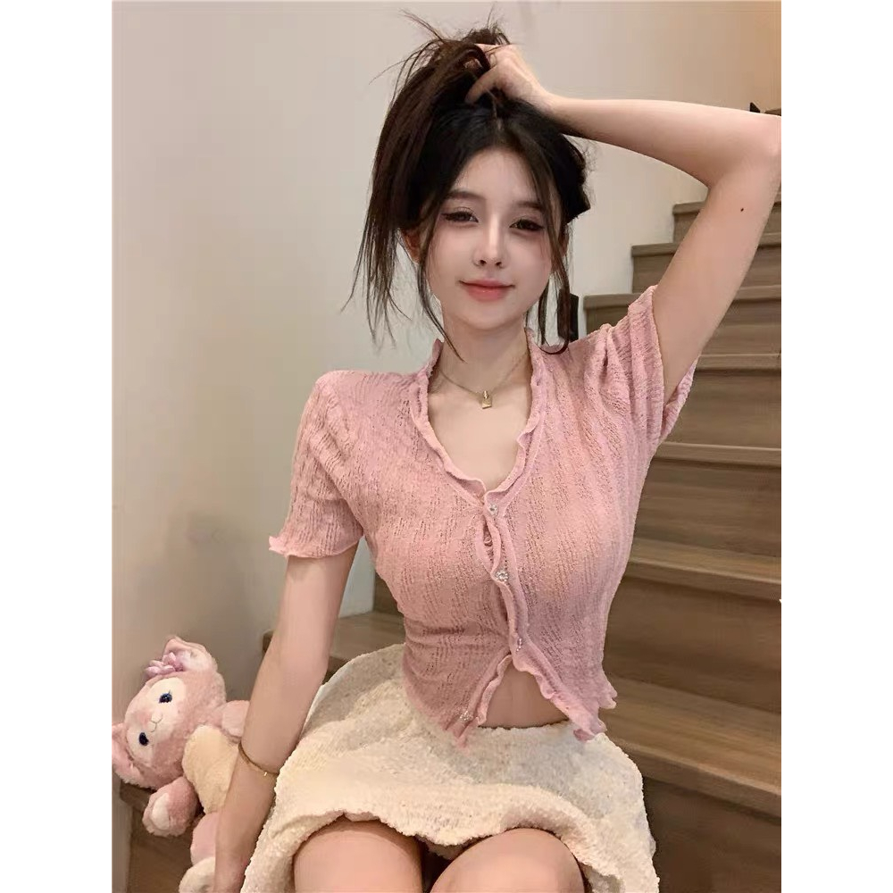 Áo len nữ dáng ôm viền bèo xinh, áo len dệt kim