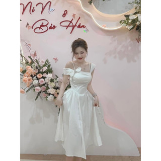 Đầm dài dây rớt vai nơ đá kèm ảnh chụp thật
