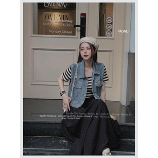 Váy thun kẻ cổ vuông phối chân thô