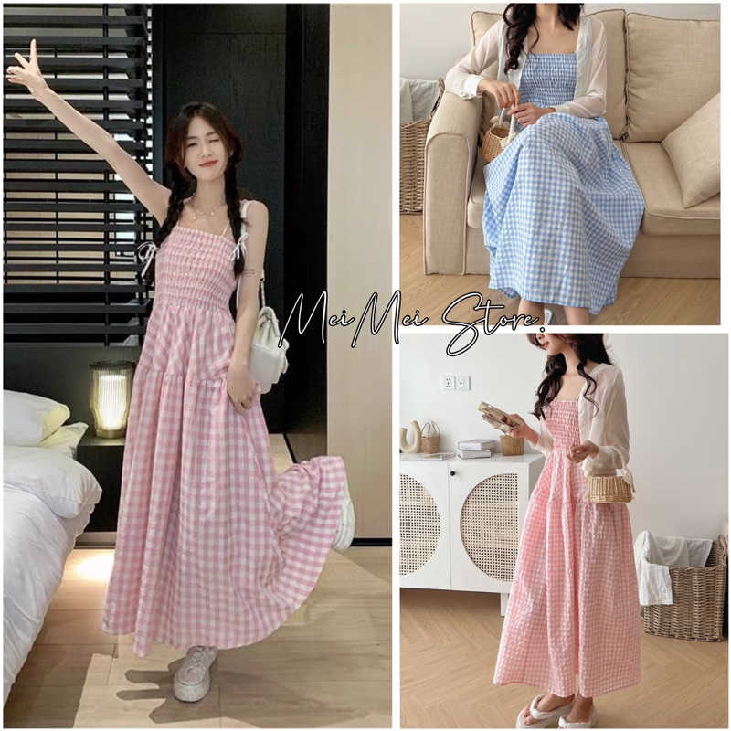 Set váy hai dây kẻ tông màu pastel kèm áo khoác cadigan siêu xinh