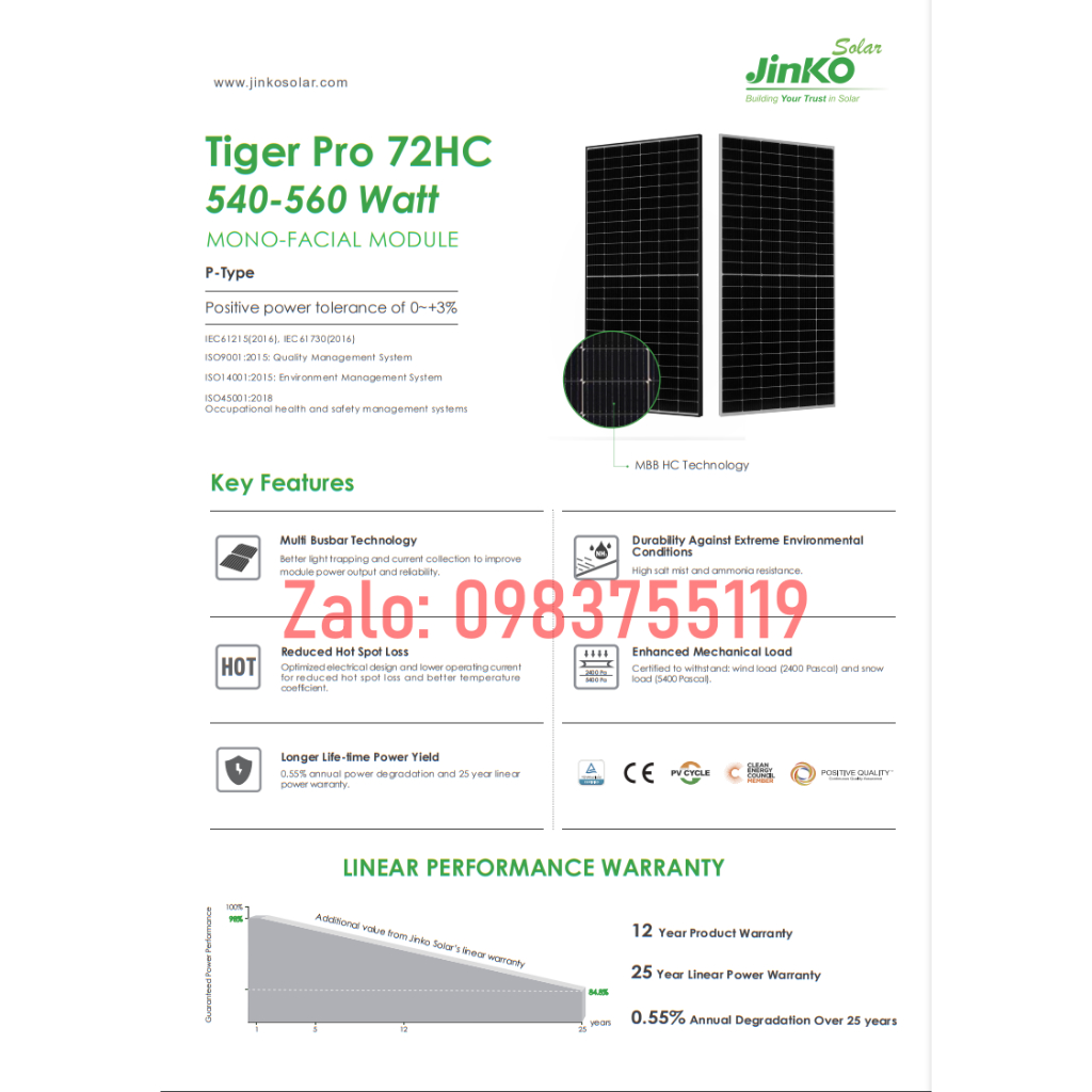 Tấm pin năng lượng Jinko 555W