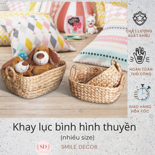 Khay đựng đồ đa năng , cắm hoa , giỏ quà đan lục bình Smile Decor hình thuyền, có quai cầm