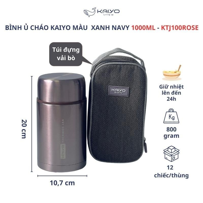 Bình ủ cháo hộp ủ cháo hầm chè dung tích 750ml 1000ml inox 304 kèm túi đựng, có nắp silicon chống tràn Kaiyo Nhật bản