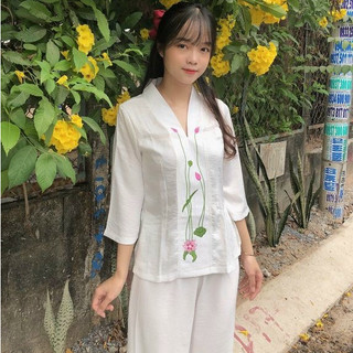 Quần áo nữ phật tử, đồ lam đi chùa mẫu nữ lụa sen mã dy39