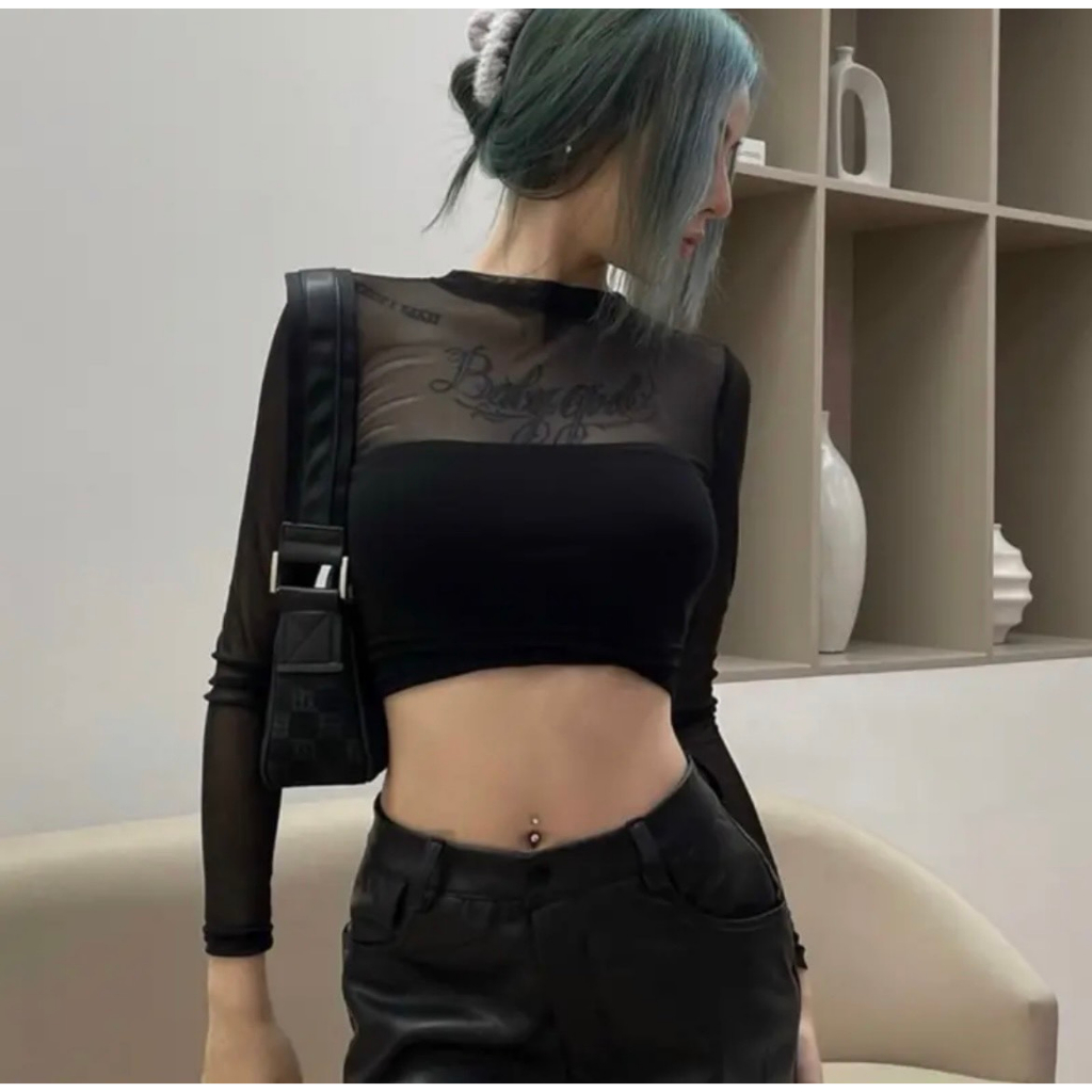 Áo croptop tay dài phối lưới, Áo kiểu nữ ôm body tay lưới sexy cực chiến THUNCA.STORE A349