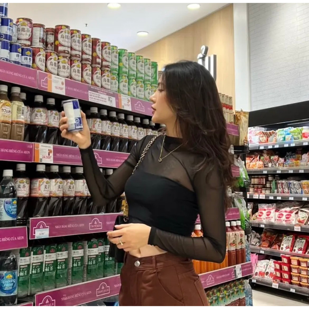 Áo croptop tay dài phối lưới, Áo kiểu nữ ôm body tay lưới sexy cực chiến THUNCA.STORE A349