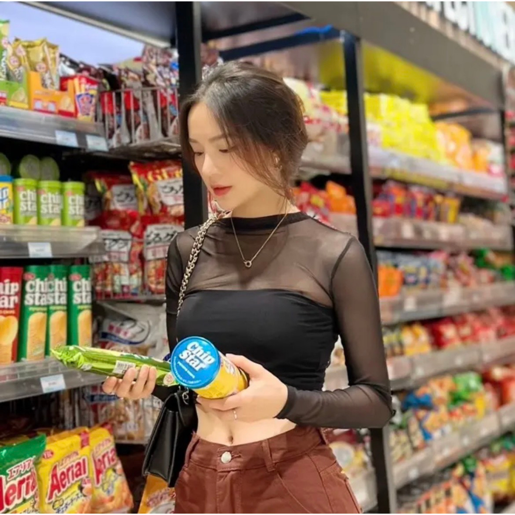Áo croptop tay dài phối lưới, Áo kiểu nữ ôm body tay lưới sexy cực chiến THUNCA.STORE A349