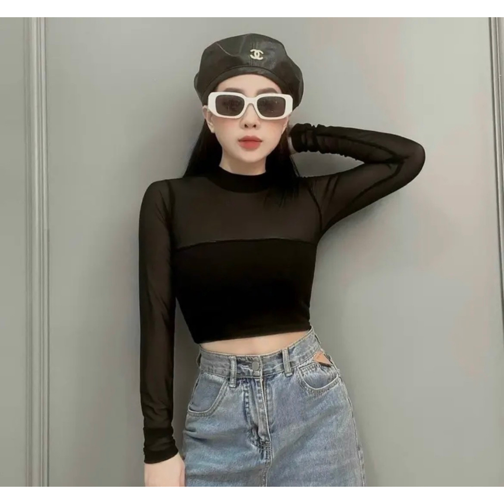 Áo croptop tay dài phối lưới, Áo kiểu nữ ôm body tay lưới sexy cực chiến THUNCA.STORE A349