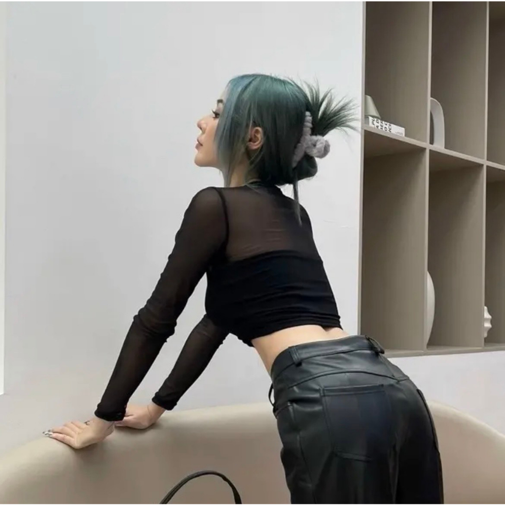 Áo croptop tay dài phối lưới, Áo kiểu nữ ôm body tay lưới sexy cực chiến THUNCA.STORE A349