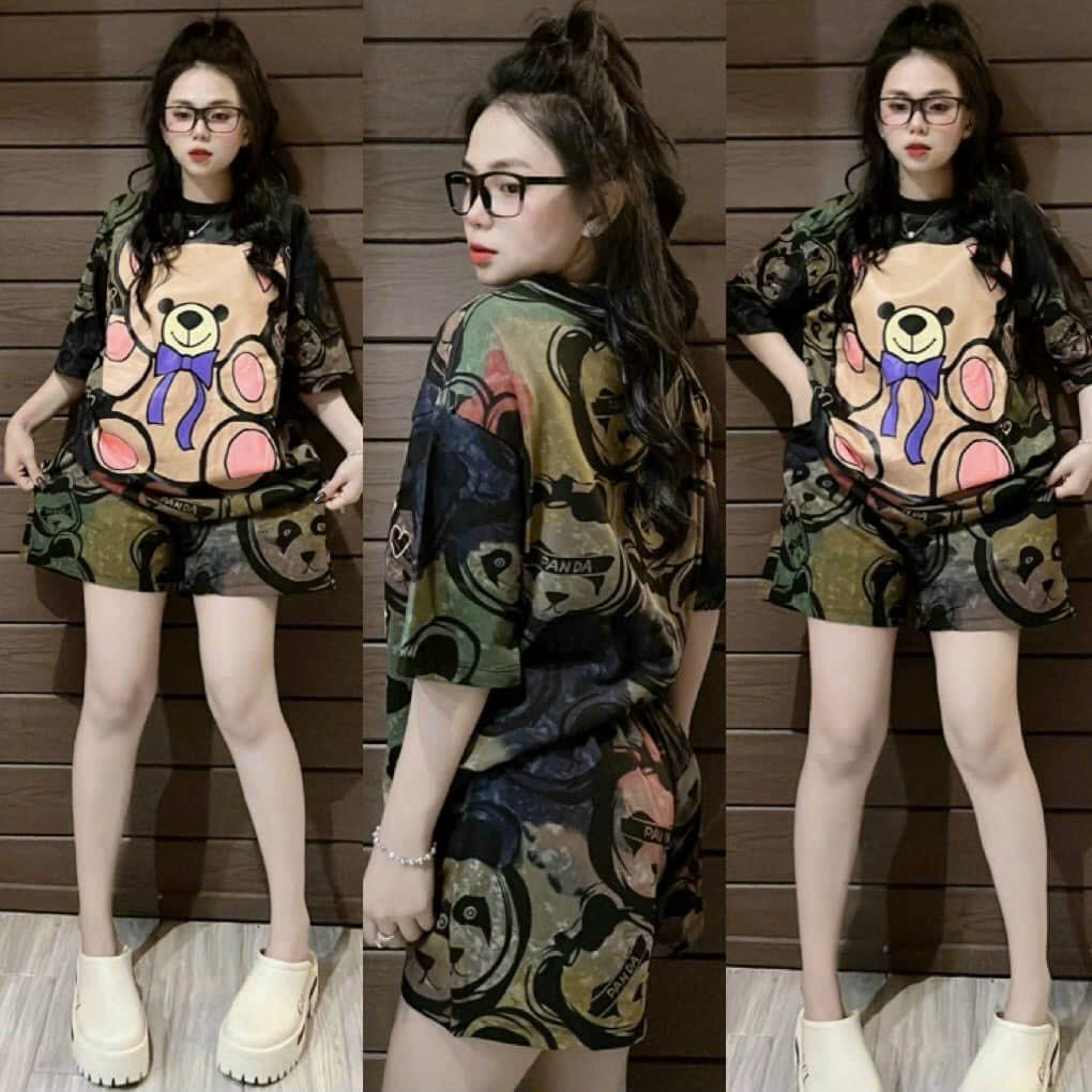 Đồ Bộ Thun Họa Tiết Gấu Siêu Xinh,Bộ Thun Đùi From Rộng Chất Thun Co giãn Thoáng Mát